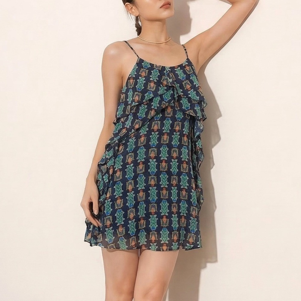 BCBGMAXAZRIA Turtle Print Mini‎ Dress Womens S Navy Blue Ruffle Halter Excellent